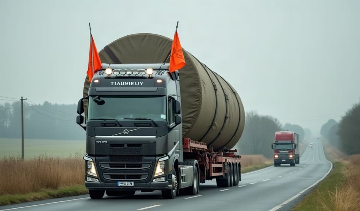 Camion transportant un chargement hors gabarit sur une route de campagne avec un véhicule pilote devant