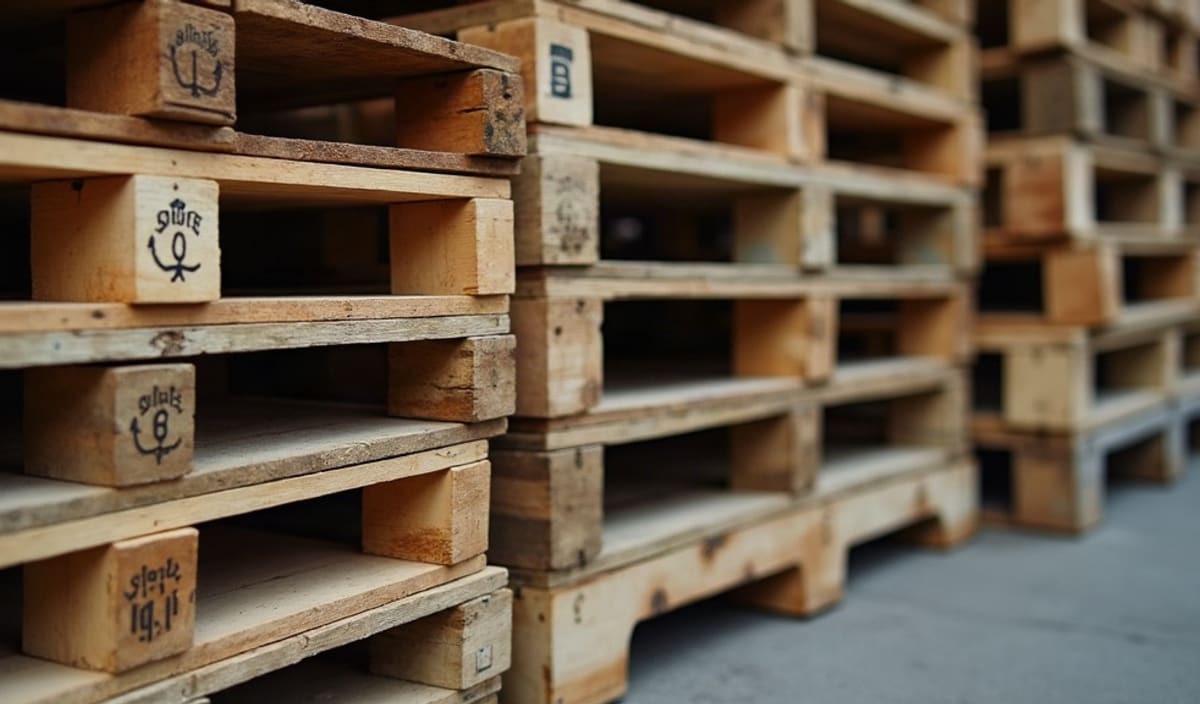 Pile de palettes en bois dans une cour d’entrepôt, certaines marquées et d’autres neutres