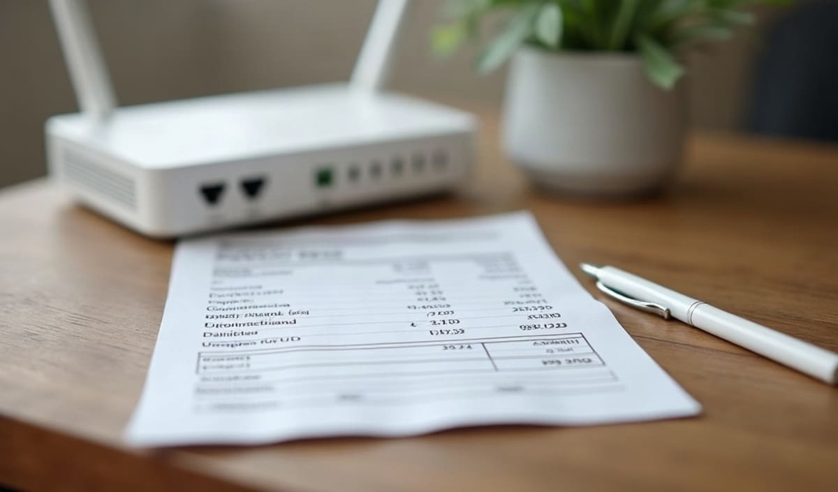 Facture papier posée sur une table à côté d’un routeur internet blanc et d’un stylo